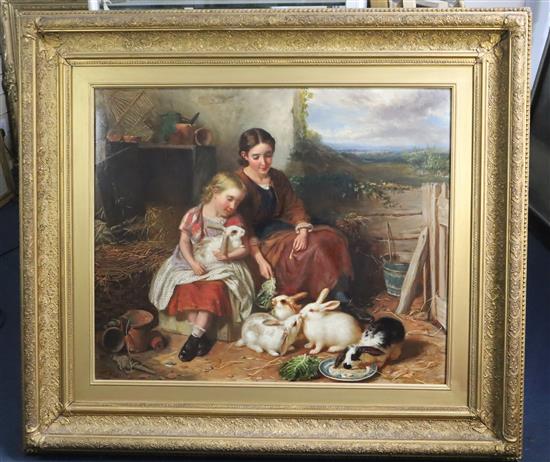 Henry Garland (1834-1913) Mother and child feeding rabbits 24.5 x 29.5in.